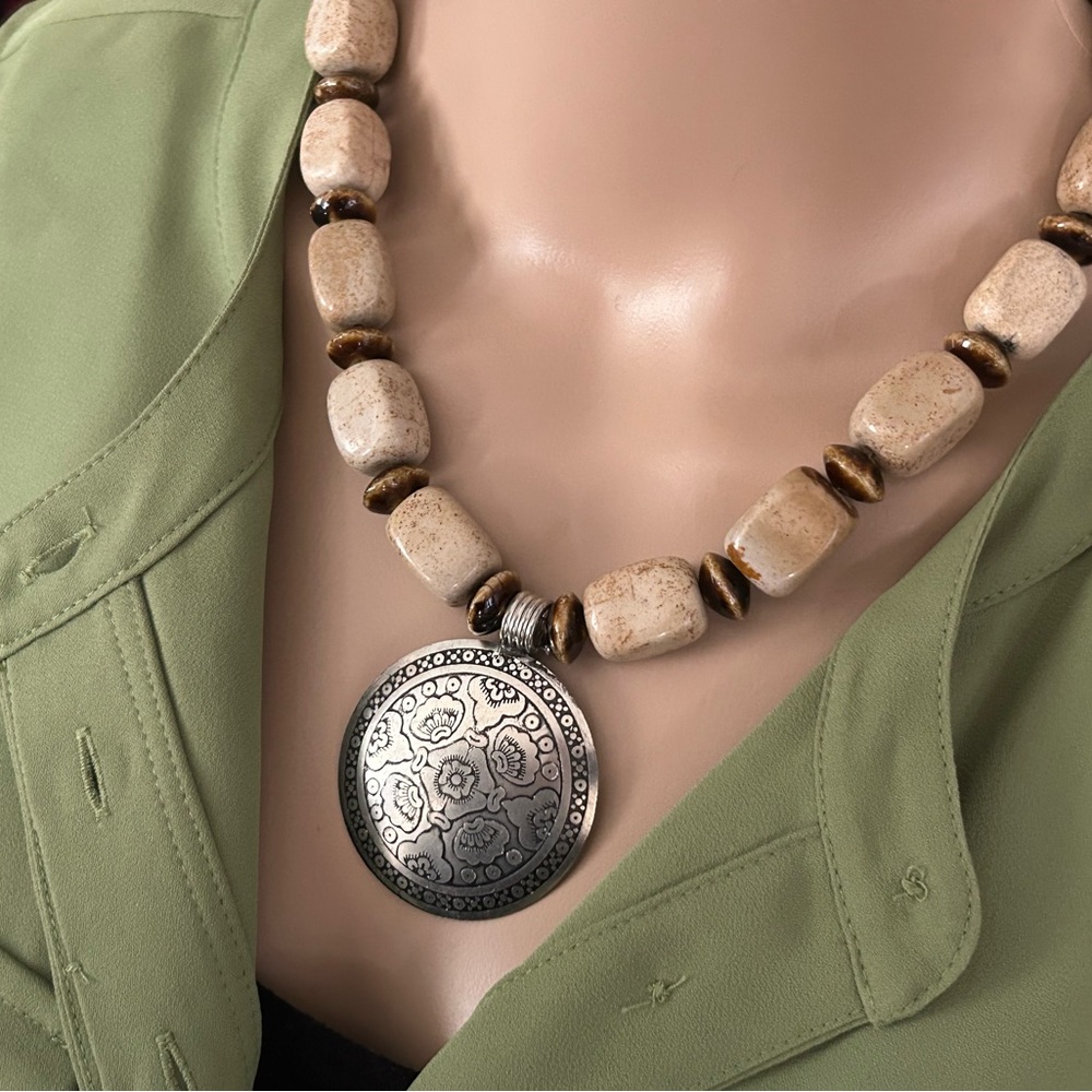 Chunky ceramic beaded Necklace with large silver pendant/medallion; toggle clasp